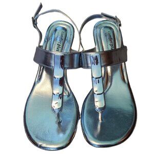 Comfort Plus by Predictions Sandals Size 8.5 Silver T Strap Wedges w/ Slingback